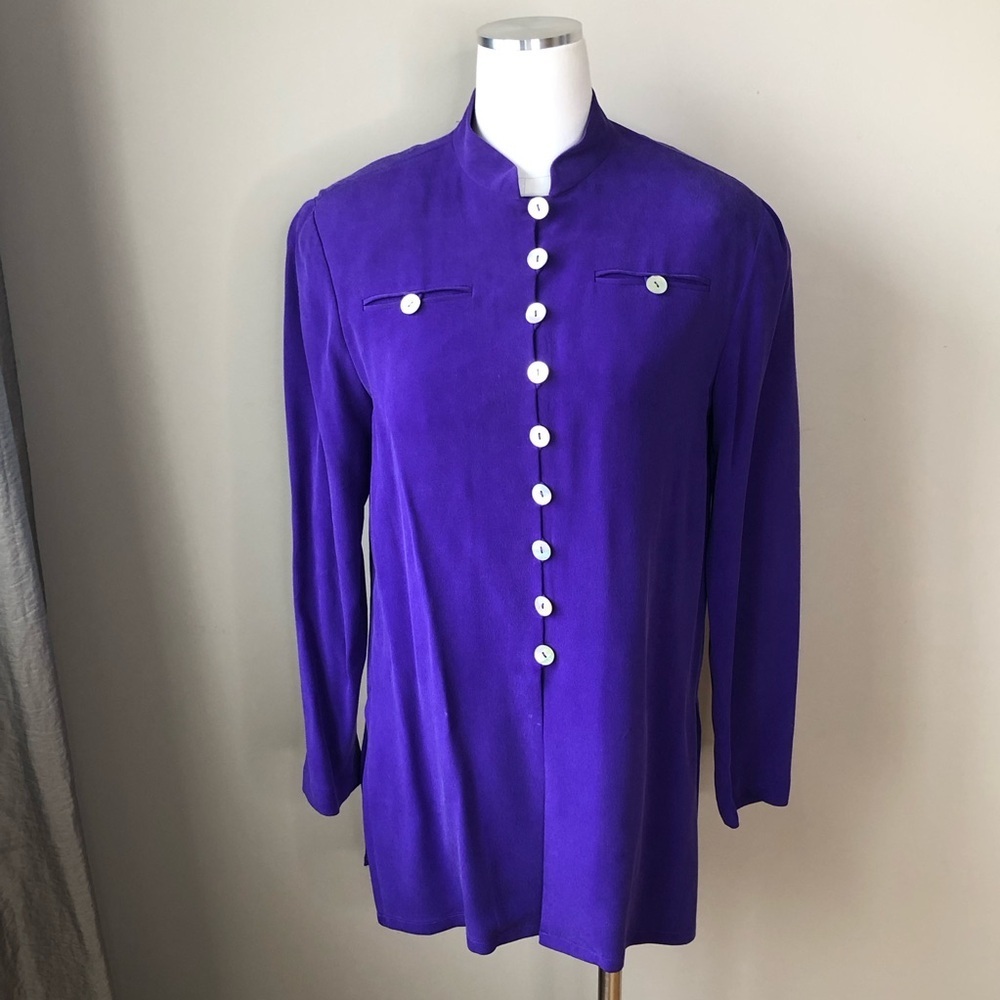 Vintage Purple Silk Long Line Stand up Collar Lagen Look Blouse S